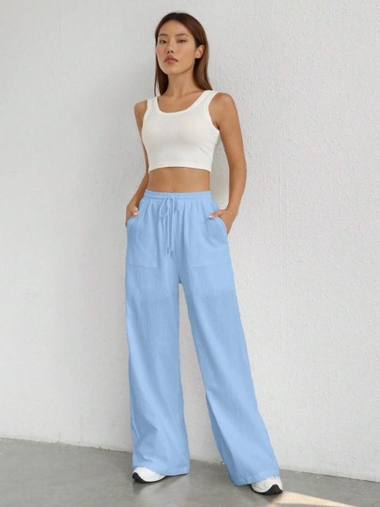 EZwear Women's Elastic Waist Wide Leg Woven Pants