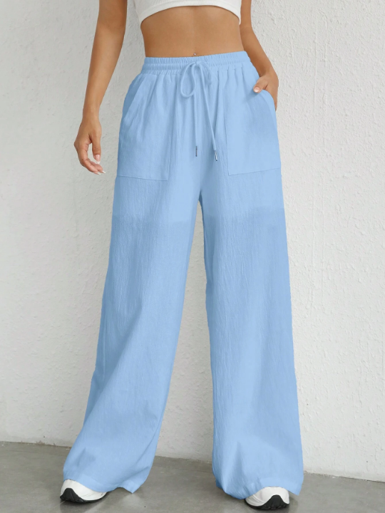 EZwear Women's Elastic Waist Wide Leg Woven Pants