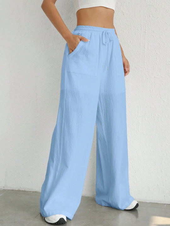 EZwear Women's Elastic Waist Wide Leg Woven Pants