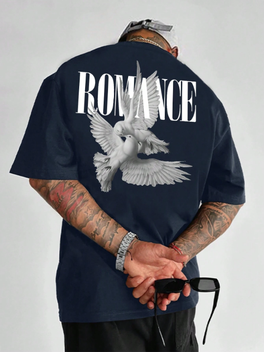 Men's Oversized Letter And Pigeon Printed Drop Shoulder Short Sleeve T-Shirt