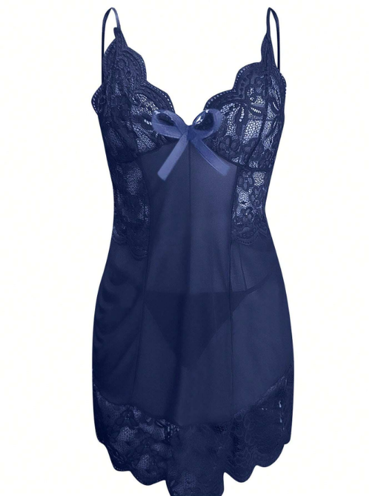 2pcs/Set Blue Hollow Out Perspective Lace & Bowknot Decorated Camisole Sexy Lingerie Dress