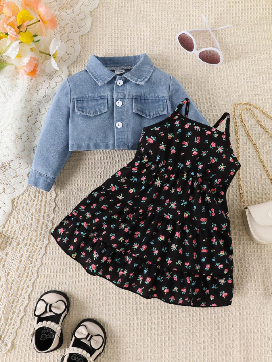 Baby Girl Floral Print Strap Dress And Denim Jacket Set