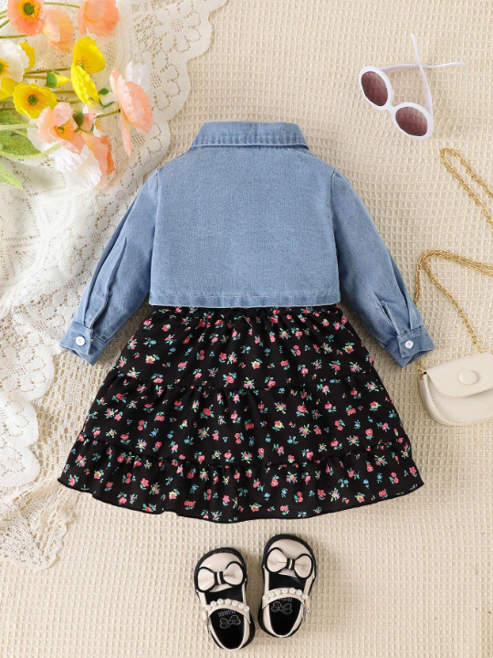 Baby Girl Floral Print Strap Dress And Denim Jacket Set