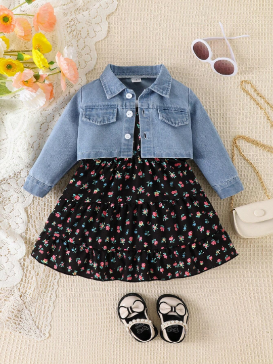 Baby Girl Floral Print Strap Dress And Denim Jacket Set