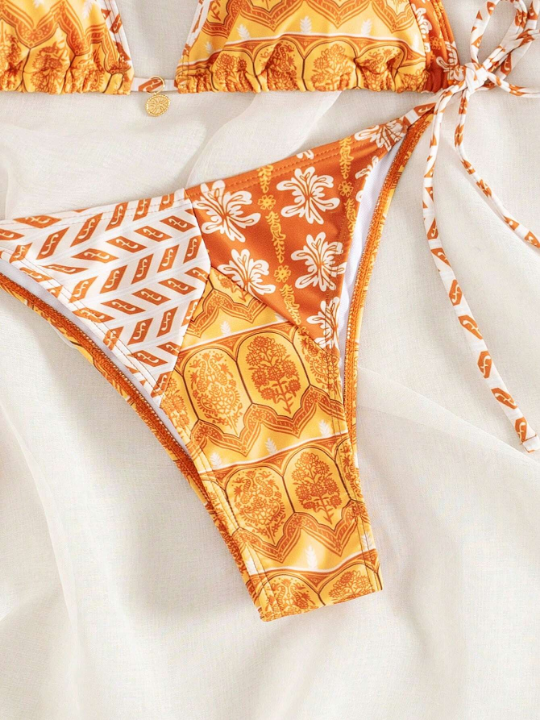 Random Printed Knot Front Bikini Set With Side Tie Carnival