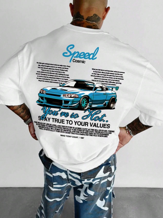 Men's Round Neck Casual Commuting Car & Slogan Printed T-Shirt