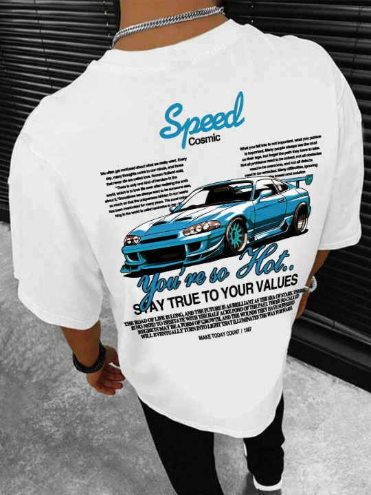 Men's Round Neck Casual Commuting Car & Slogan Printed T-Shirt