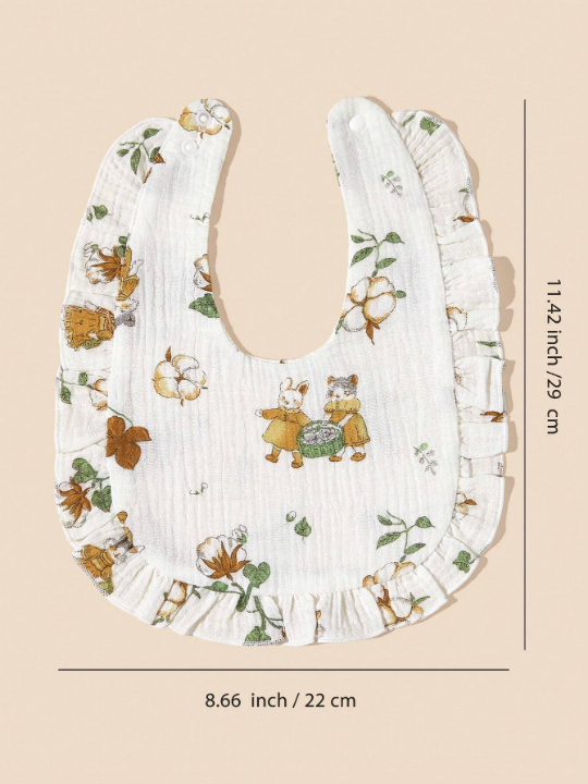 2pcs Infant Rabbit Printed Bib With Ruffle Edge Decoration