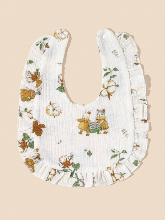 2pcs Infant Rabbit Printed Bib With Ruffle Edge Decoration