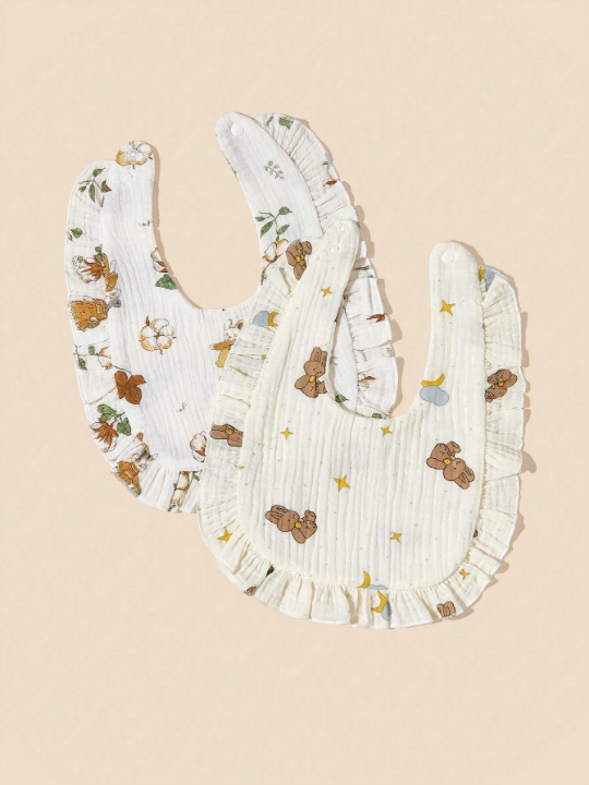 2pcs Infant Rabbit Printed Bib With Ruffle Edge Decoration