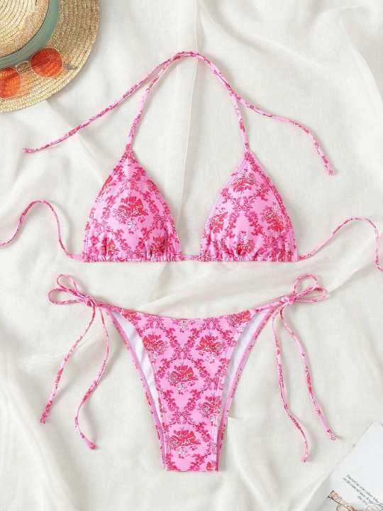 Ladies' Floral Print Halter Neck Bikini Set Valentine