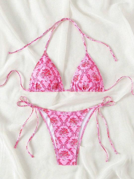 Ladies' Floral Print Halter Neck Bikini Set Valentine