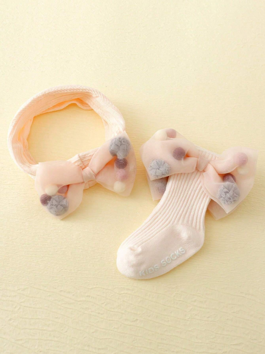 1pair Baby Girls' Pink Bowtie Anti-Slip Mid-Calf Socks And 1pc Hairband