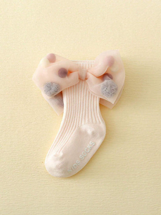 1pair Baby Girls' Pink Bowtie Anti-Slip Mid-Calf Socks And 1pc Hairband