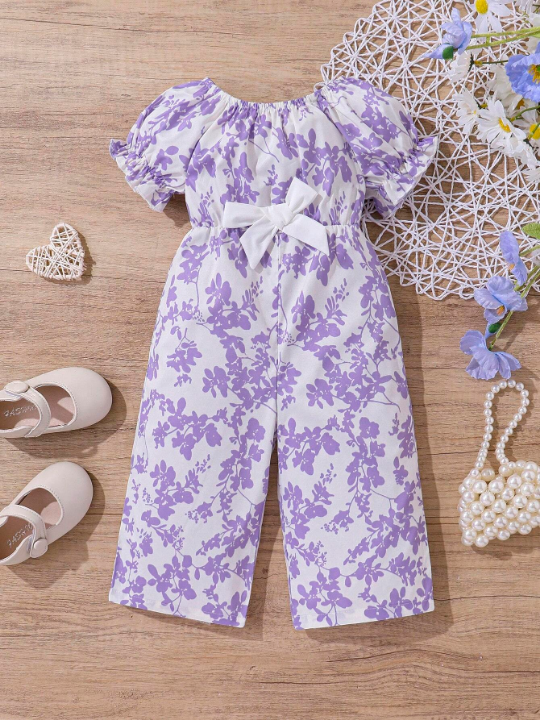 Baby Girls' Casual Bow & Floral Print Jumpsuit With Bow Decor