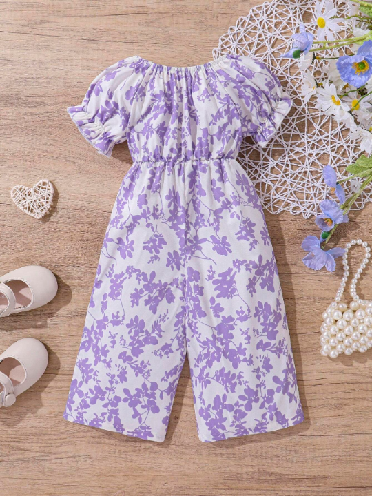 Baby Girls' Casual Bow & Floral Print Jumpsuit With Bow Decor