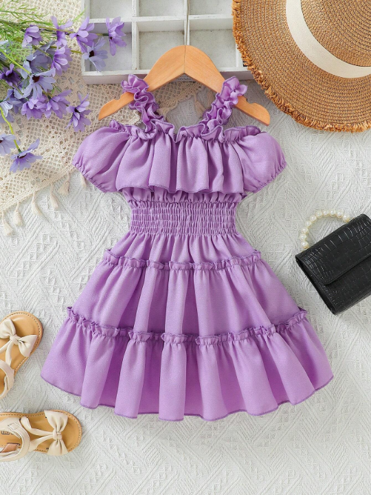 Baby Girl Off-The-Shoulder Waist Belted Ruffle Hem Dress