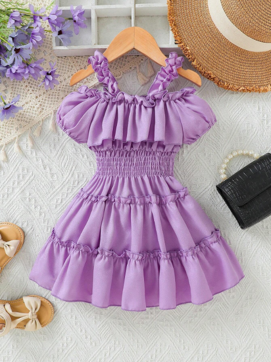 Baby Girl Off-The-Shoulder Waist Belted Ruffle Hem Dress