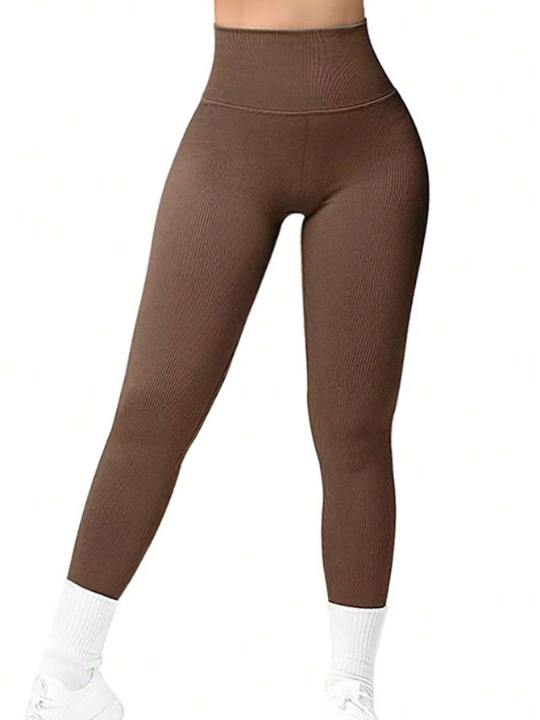 Ladies Solid Color Ribbed Knit Slim Fit Pants