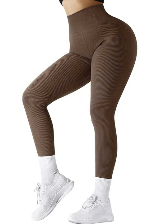 Ladies Solid Color Ribbed Knit Slim Fit Pants