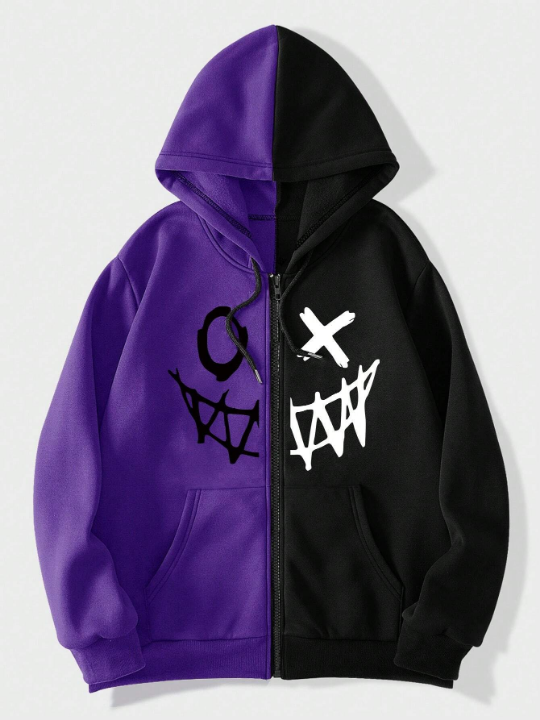 ROMWE Street Life Men's Color Block Drawstring Hooded Zip Up Hoodie With Emoji Pattern Printing