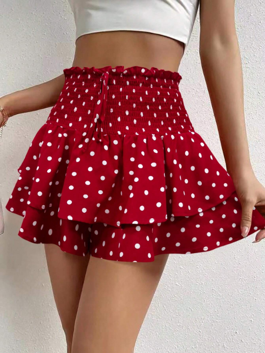 VCAY Polka Dot Print Double-Layered Skorts With Elastic Waistband And Flounced Hem