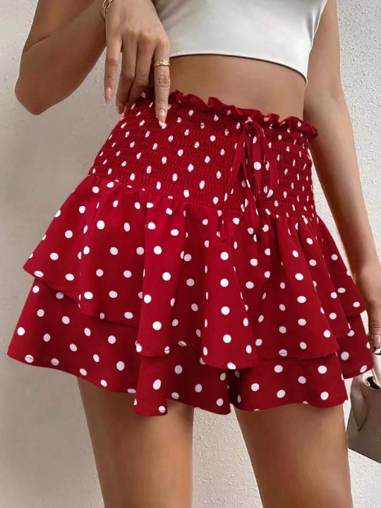 VCAY Polka Dot Print Double-Layered Skorts With Elastic Waistband And Flounced Hem