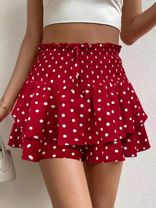 VCAY Polka Dot Print Double-Layered Skorts With Elastic Waistband And Flounced Hem