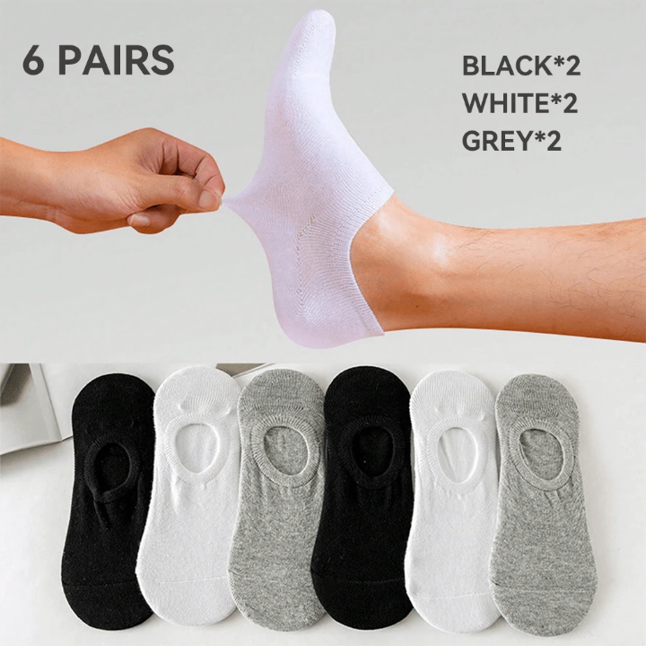 6 Pairs/Set Men's Boat Socks, Suitable For Daily Use, In Black, White And Gray