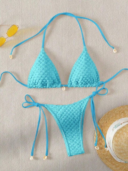 Swim Basics Solid Textured Halter Triangle Bikini Swimsuit