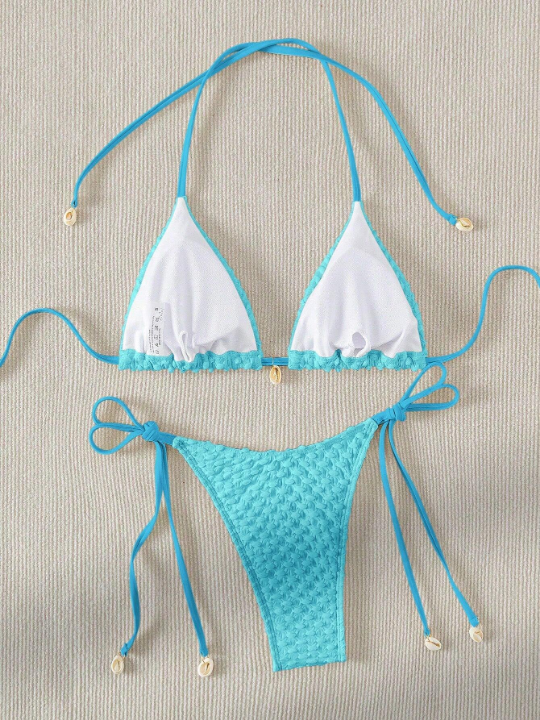 Swim Basics Solid Textured Halter Triangle Bikini Swimsuit