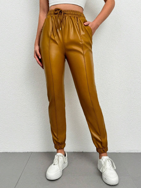 Solid Color Drawstring Waist Tapered Pants