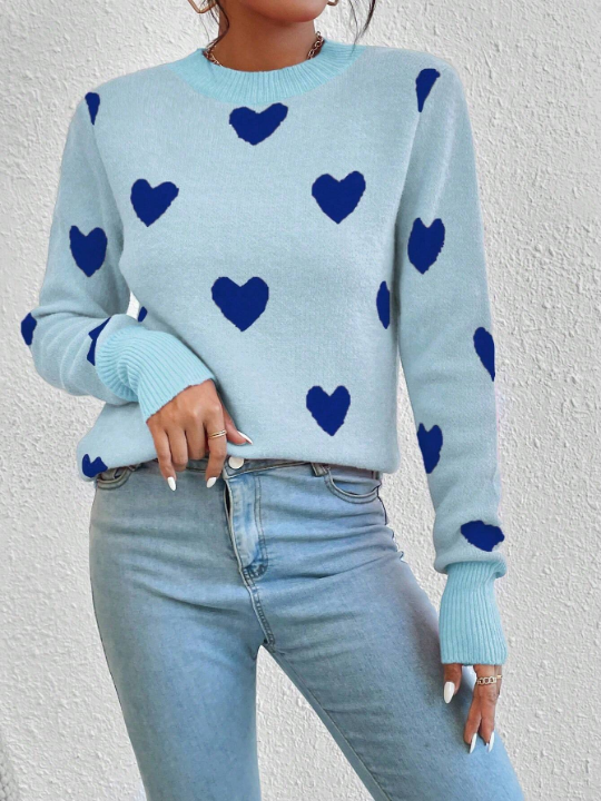 Qutie Heart Patterned Round Neck Sweater