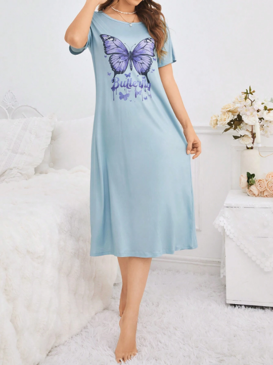 Women's Butterfly & Letter Pattern Sleep Dress