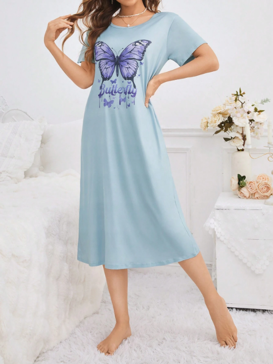 Women's Butterfly & Letter Pattern Sleep Dress