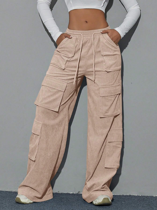 Y2K Street Khaki Flap Pocket Drawstring Waist Wide Leg Hip Hop Cargo Corduroy Pants Daily Casual Trousers