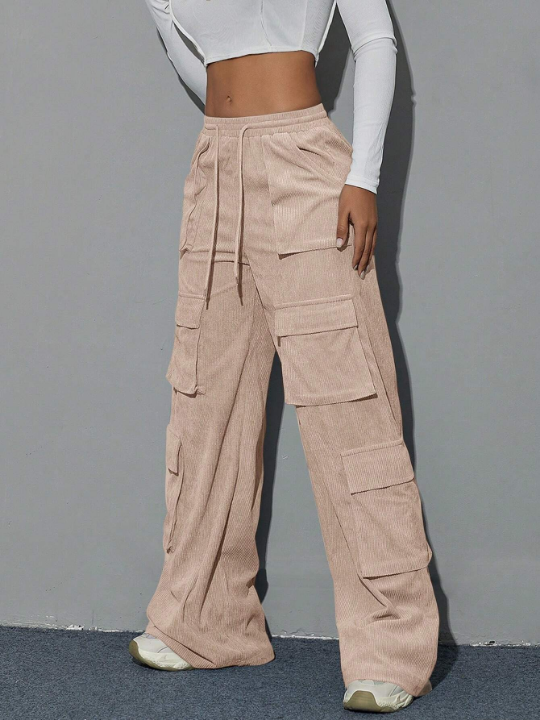 Y2K Street Khaki Flap Pocket Drawstring Waist Wide Leg Hip Hop Cargo Corduroy Pants Daily Casual Trousers