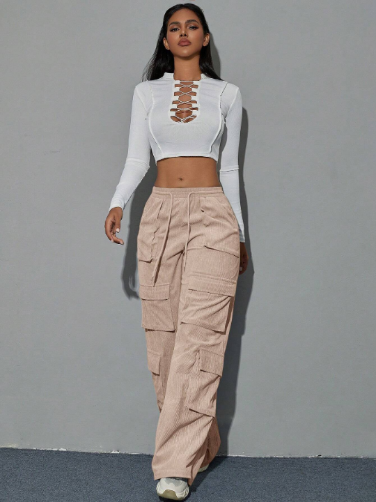 Y2K Street Khaki Flap Pocket Drawstring Waist Wide Leg Hip Hop Cargo Corduroy Pants Daily Casual Trousers