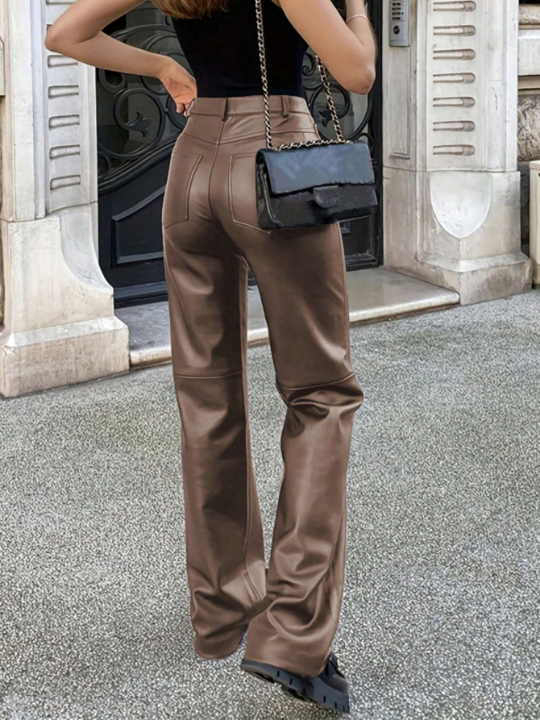 Solid High Waist PU Leather Straight Leg Pants