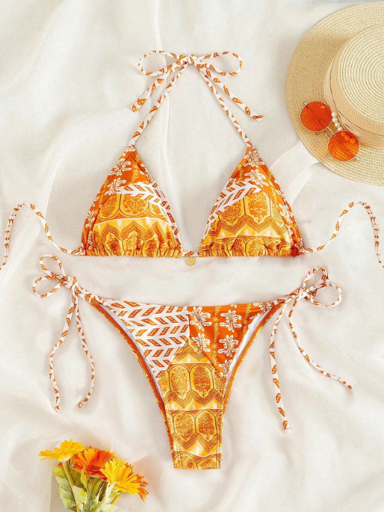 Random Printed Knot Front Bikini Set With Side Tie Carnival