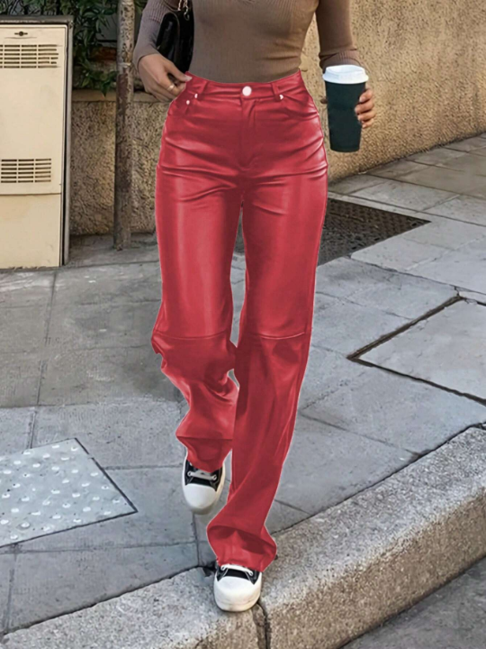 Solid High Waist PU Leather Straight Leg Pants