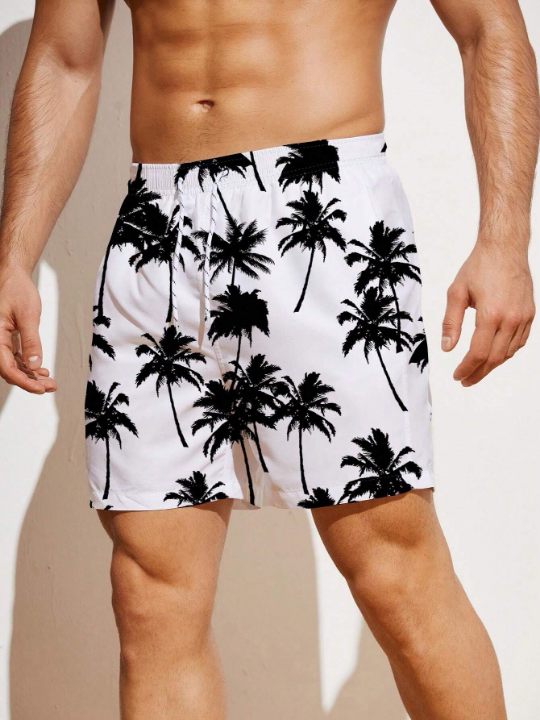 Manfinity Swimmode Men Tropical Print Drawstring Waist Swim Trunks