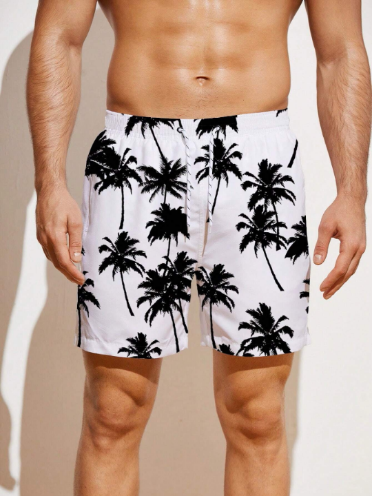 Manfinity Swimmode Men Tropical Print Drawstring Waist Swim Trunks