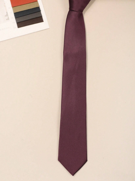 1pc Men's Fashionable Solid Color Wine Red Stripe Versatile Necktie, Suitable For Banquet Attire