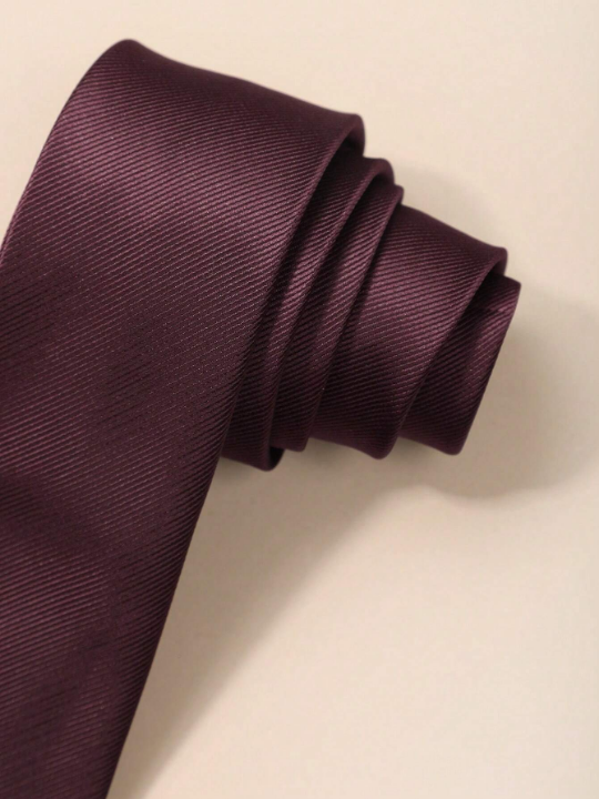 1pc Men's Fashionable Solid Color Wine Red Stripe Versatile Necktie, Suitable For Banquet Attire