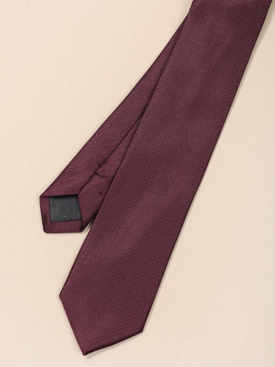 1pc Men's Fashionable Solid Color Wine Red Stripe Versatile Necktie, Suitable For Banquet Attire