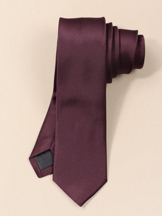 1pc Men's Fashionable Solid Color Wine Red Stripe Versatile Necktie, Suitable For Banquet Attire