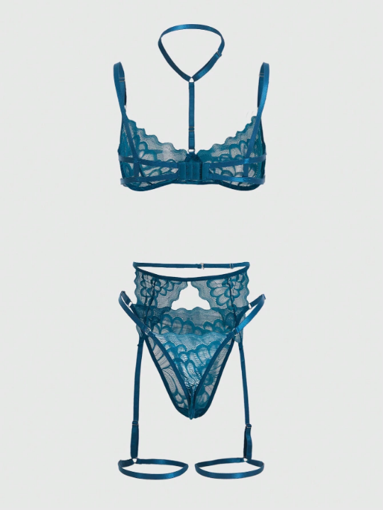 ROMWE Kawaii Floral Lace Underwire Garter Lingerie Set With Choker