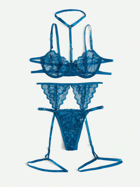 ROMWE Kawaii Floral Lace Underwire Garter Lingerie Set With Choker