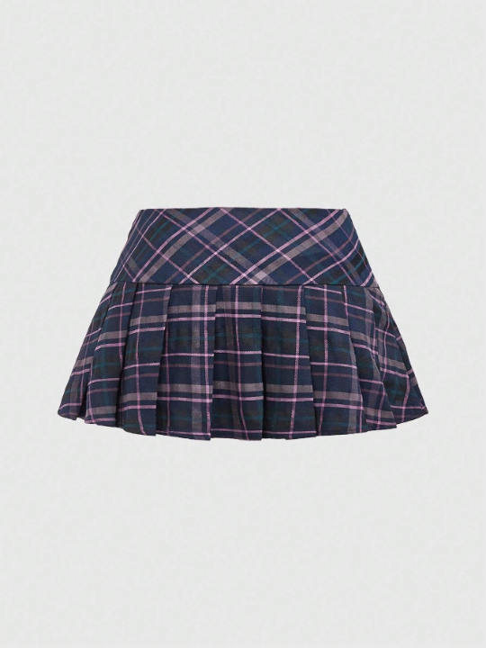 ROMWE Kawaii Women's Check Print Pleated Skirt